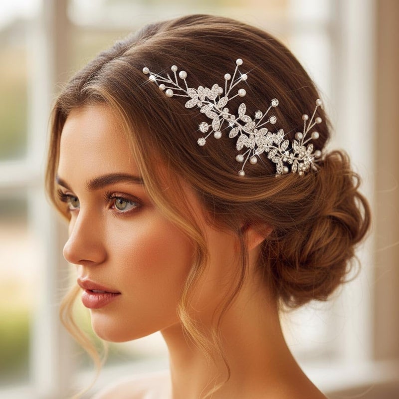 Unsutuo Bridal Crystal Headband Silver Rhinestone Hair Vine Pearls Wedding Hair Accessories for Women and Girls(Silver) - Image 5